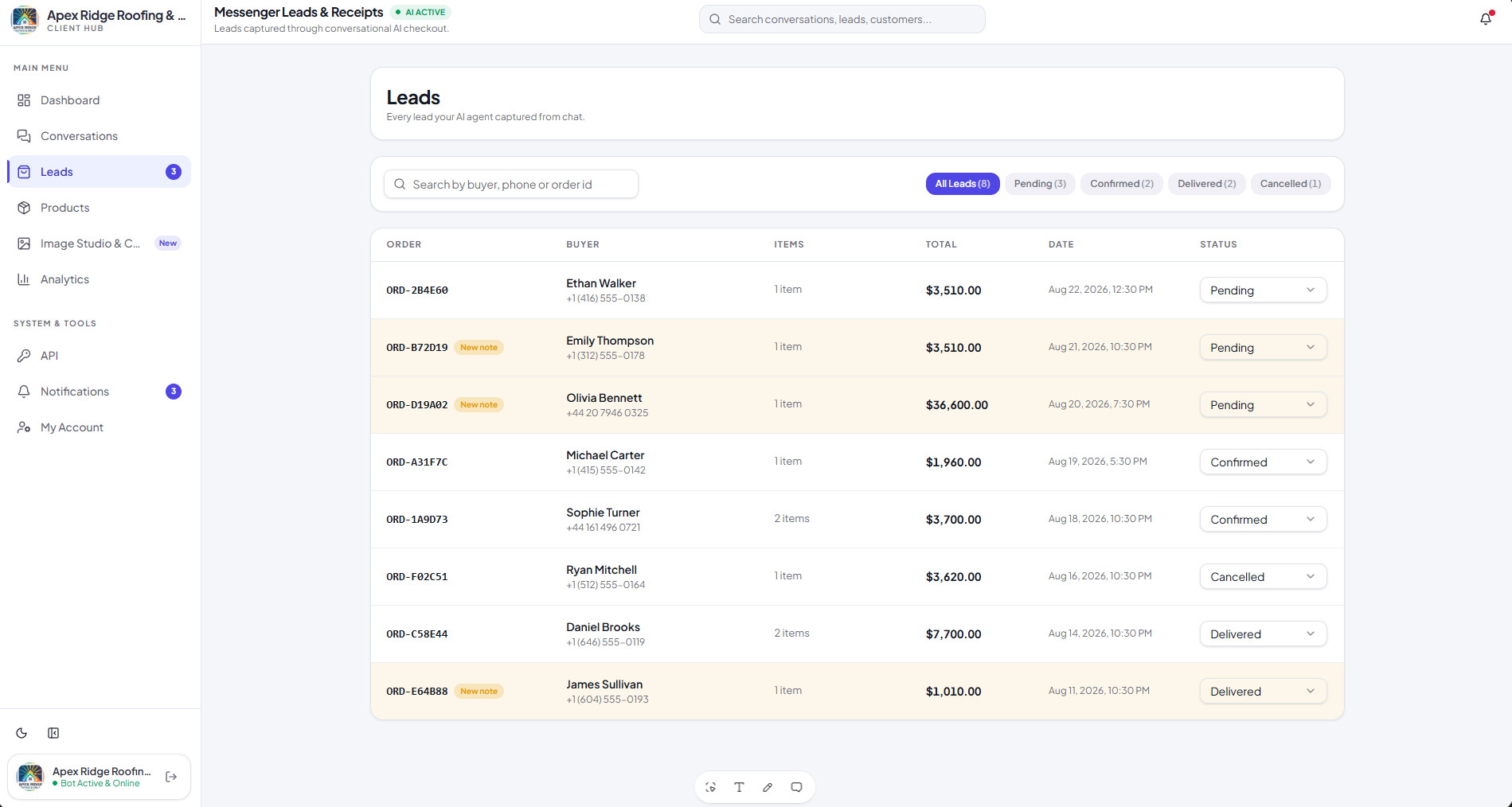 Leads table in the 1vs99 dashboard showing buyers, totals and order status
