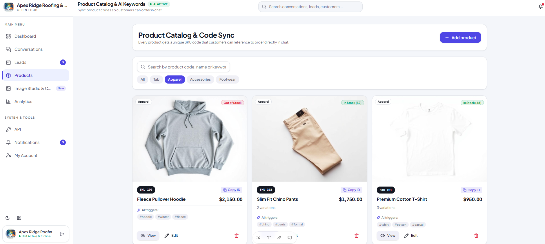 Product catalog page with SKU codes, stock levels and AI trigger keywords