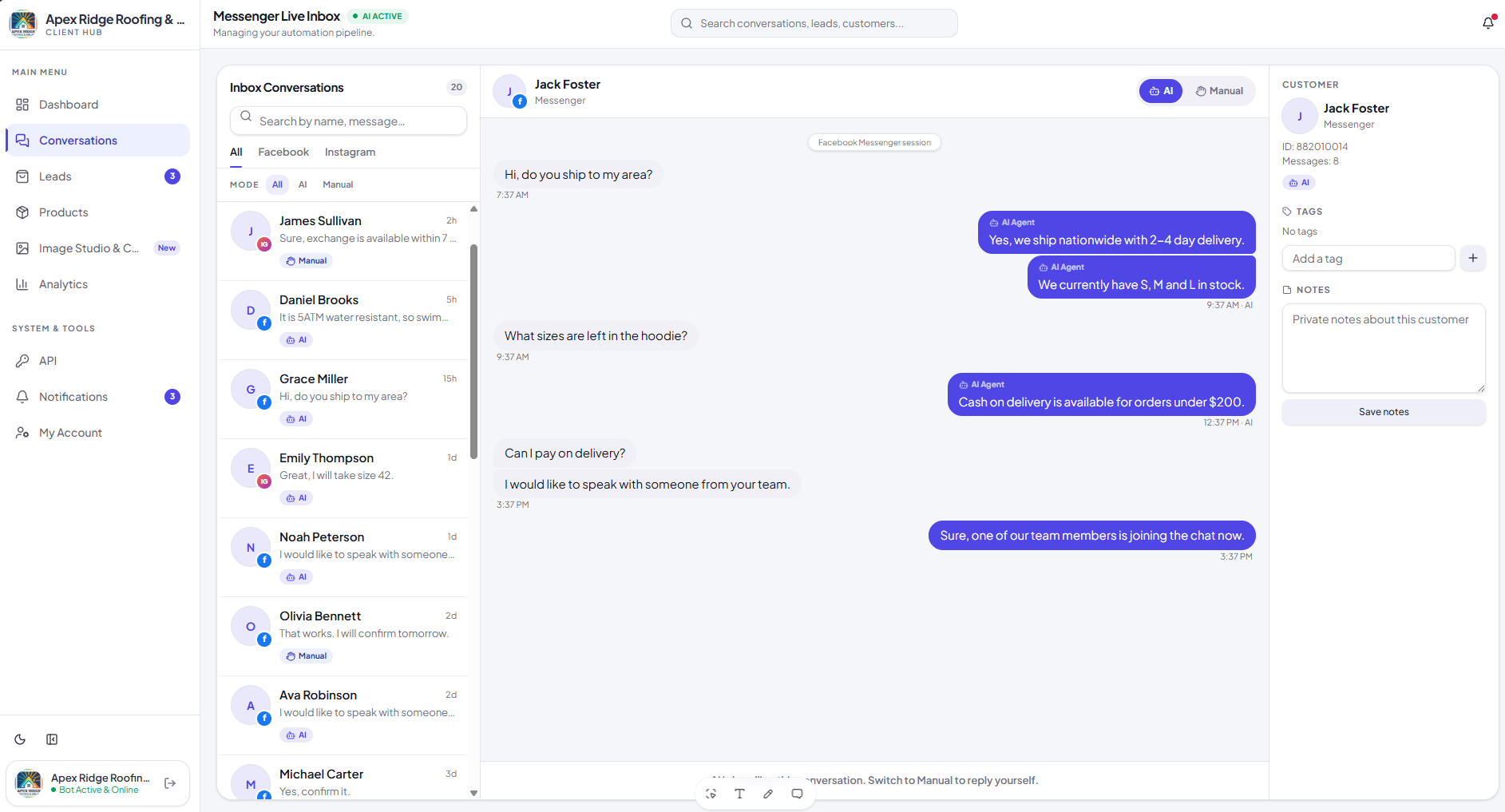 Messenger live inbox in the 1vs99 dashboard with AI and manual reply modes